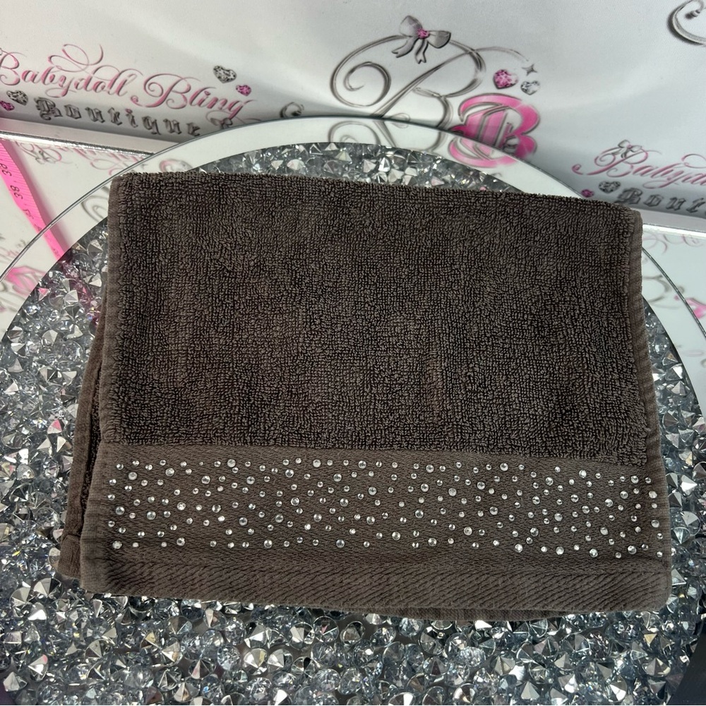 Embellished Chocolate grey Brown Bath Towel - Rhinestone Trim